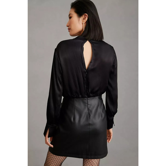 New Anthropologie Maeve Plunge Faux Leather Mini Dress $160 SIZE 8 Black - Picture 3 of 4